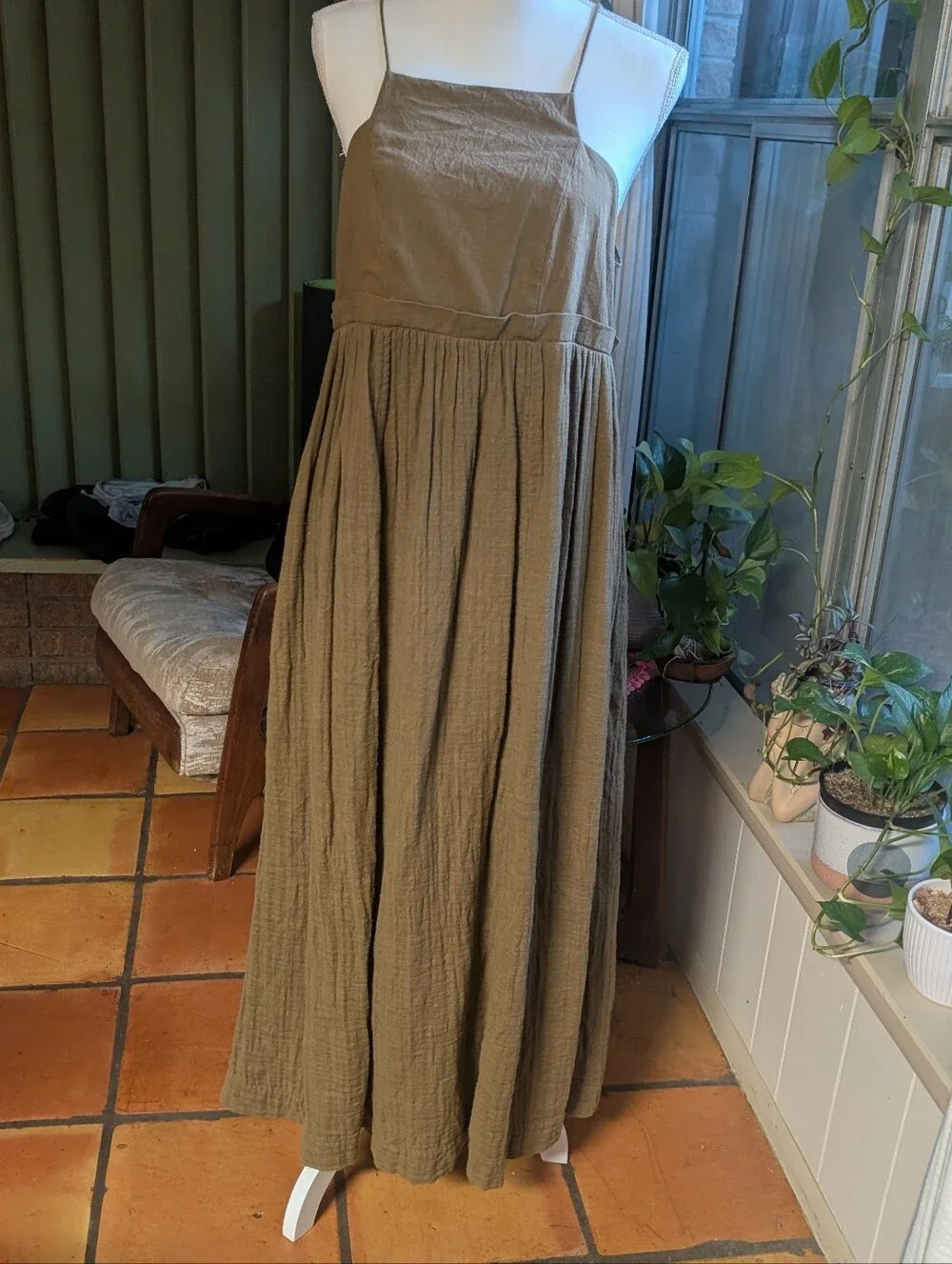 Free People Green Olive Spaghetti Strap Cotton Dress. - Picture 2 of 9